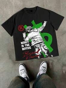 EMCGICC Y2k,MONEY IS THE MOTIVE,Outdoor Sports, Modern Street, Fashionable Pure Cotton Men's T-Shirt, Surprise Gift For Family And Friends, Drooping Shoulder Sleeves And Round Neck, T-Shirt Suitable For Summer Wear, Holiday Gift. - Black - View 2