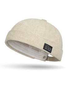 1pc Unisex Corduroy Beanie Cap With Leather Patch, Japanese Style Solid Color Dome Hat, Retro Tang Hat For Men And Women, Casual Korean Style For Fall And Winter - A - View 7