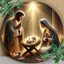 1pc 2D Flat Jesus Nativity Scene Metal Sign, 8x8 Inch Round Wall Art Decor For Cafe, Kitchen, Club, Bar, Room - Waterproof & UV Resistant, Easy To Hang - Random Hole Style Room Decor Bedroom Decor Home Decor Wall Decor
