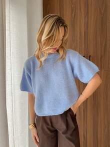 Women's Spring Autumn Knit Sweaters Half Sleeve O Neck Solid Color Casual Knitwear - 天藍色 - 查看 2