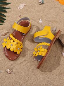 1 paire de sandales de plage mode pour adolescentes roses, en matériau PU souple et unicolore, avec décoration florale brillante, design à bande avec fermeture , bout rond, confort plat, sandales romaines mignonnes, convient aux filles de 3 à 15 ans, pour un usage quotidien, la plage, nouveautés d'été