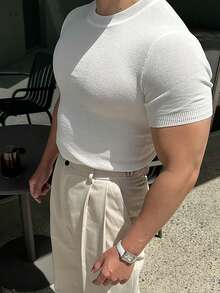 Suéter de punto informal de manga corta y unicolor para hombre, primavera/verano - Blanco - Ver 4
