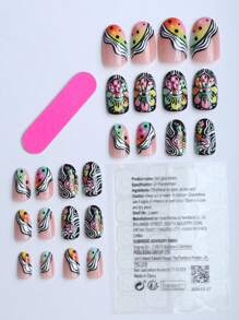 24 Stück mandelförmige Acryl-Aufklebe-Nägel im Geschenkbox, abstraktes amerikanisches Retro-Stil, personalisierte Graffiti, lustige Zauberaugen, bunte Cartoon-Pilze, schwarz-weiße Streifen, Dopamin, Mädchen-Geschenk, Party, tragbare Fake-Nägel mit Gelee-Kleber 1 Stück, 1 Feile Nagelzubehör