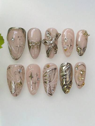 10 件 Y2K 金属甜美风格手工杏仁形短款 3D 闪光蝴蝶结花朵星星蝴蝶结假指甲套装，适合日常、约会、下午茶、外出按压指甲美甲用品