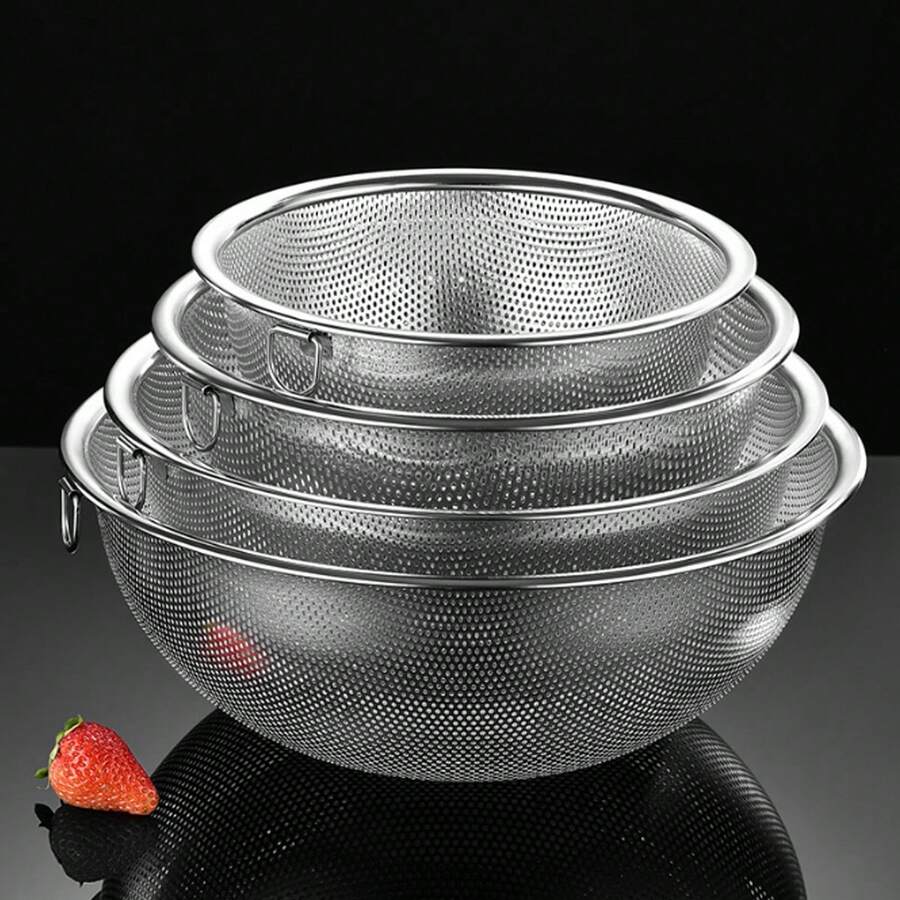 3pcs/Set Stainless Steel Sink Strainer Set With Compact Handles, Durable Kitchen Sink Drain Basket For Vegetables, Rice And Fruits, Essential Household Drainage Accessory - Silver - View 1