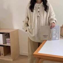 Womens Autumn Winter Knitted Tops Vintage Harajuku Solid Sweater Casual Loose Hooded Pullover, Women Knit Sweater,  Fashionable & Simple Pullover Design,Long Sleeve Tops