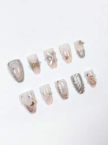 10Pcs Y2K Metallic Sweet Style Handmade Almond-Shaped Short 3D Glitter Bow Flower Star Bow False Nail Art Tips Set, Suitable For Daily, Dates, Afternoon Tea, Outings Press On Nails Nail Supplies Nails