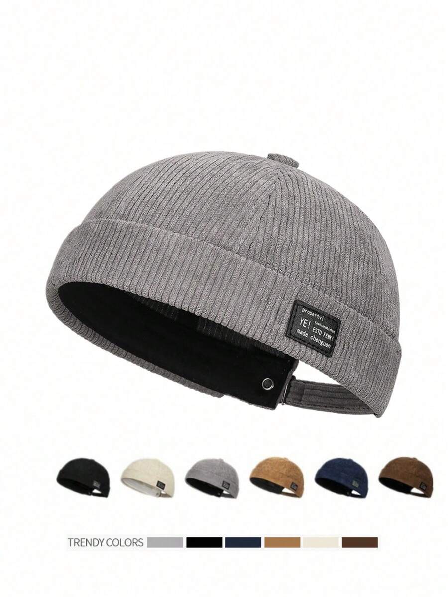 1pc Unisex Corduroy Beanie Cap With Leather Patch, Japanese Style Solid Color Dome Hat, Retro Tang Hat For Men And Women, Casual Korean Style For Fall And Winter - A - View 1