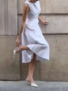 Elegant Linen Like Vintage Coin Long Midi Dress With Inset Waist, Relaxed Collar, Everyday Office Casual