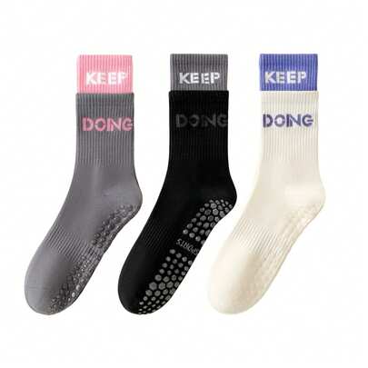 3/4/6双普拉提防滑袜带彩色字母撞色双耳瑜伽中筒长筒运动袜适合四季健身芭蕾瑜伽室内运动赤脚医院地板袜