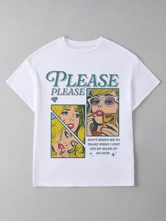 90 年代复古音乐会浓咖啡印花超大圆领短袖 T 恤，时尚百搭，适合春夏季