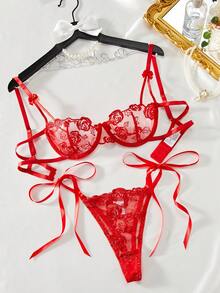 2pcs Christmas & Valentine's Day Women's Red Sexy Lingerie Set, Floral Embroidery Mesh Lace-Up Design Underwire Bra And Panty, Intimate Apparel Gift For Couples - 紅色 - 查看 1