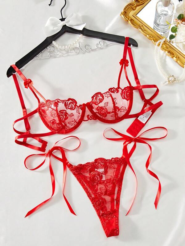 2 Stück Weihnachts- & Valentinstag Damen Rote Sexy Wäsche Set, Blumenstickerei Mesh Schnürdesign BH mit Bügel und Slip, Intim Geschenk für Paare