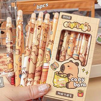 6pcs/12pcs Capybara Themed Erasable Pens With Storage Design, Blue Ink, Smooth Writing, Quick-Drying, Office Supplies, Elegant Pen, Suitable For School And Office Stationery, Back To School