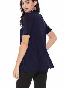 Casual Solid Short Sleeve Open Front Draped Cardigan For Office & Everyday Wear - Navy Blue - View 3