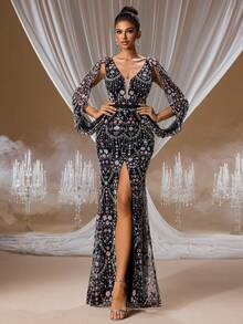 GIFORU 优雅黑色雪纺美人鱼晚礼服 - 奢华手工串珠深V领红毯礼服，饰以水晶亮片和高开衩，专属定制婚礼宾客礼服，适合正式晚宴/歌剧之夜/慈善舞会、白色礼服、优雅新年派对礼服、高贵长款毕业礼服、闪亮正式礼服 - 黑色 - 查看 7