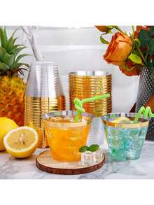 100pcs Clear Gold Rim Cups, 270ml & 300ml, Elegant Gold-Edged Flat Bottom Cups, Ideal For Wedding, Thanksgiving, Christmas Parties - Gold - View 6