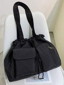 Bolso de lona grande con cordón y diseño de unicolor, de gran capacidad, ligero, de estilo casual y de negocios, para mujeres. Bolso de lona con cierre de cremallera simple y casual, adecuado para uso diario, universidad, y viajes para adolescentes, mujeres estudiantes universitarias, principiantes y trabajadores de cuello blanco. Perfecto para oficina, universidad, trabajo, viajes, exteriores. - Negro - Ver 6