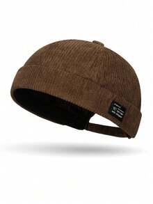 1pc Unisex Corduroy Beanie Cap With Leather Patch, Japanese Style Solid Color Dome Hat, Retro Tang Hat For Men And Women, Casual Korean Style For Fall And Winter - A - View 10