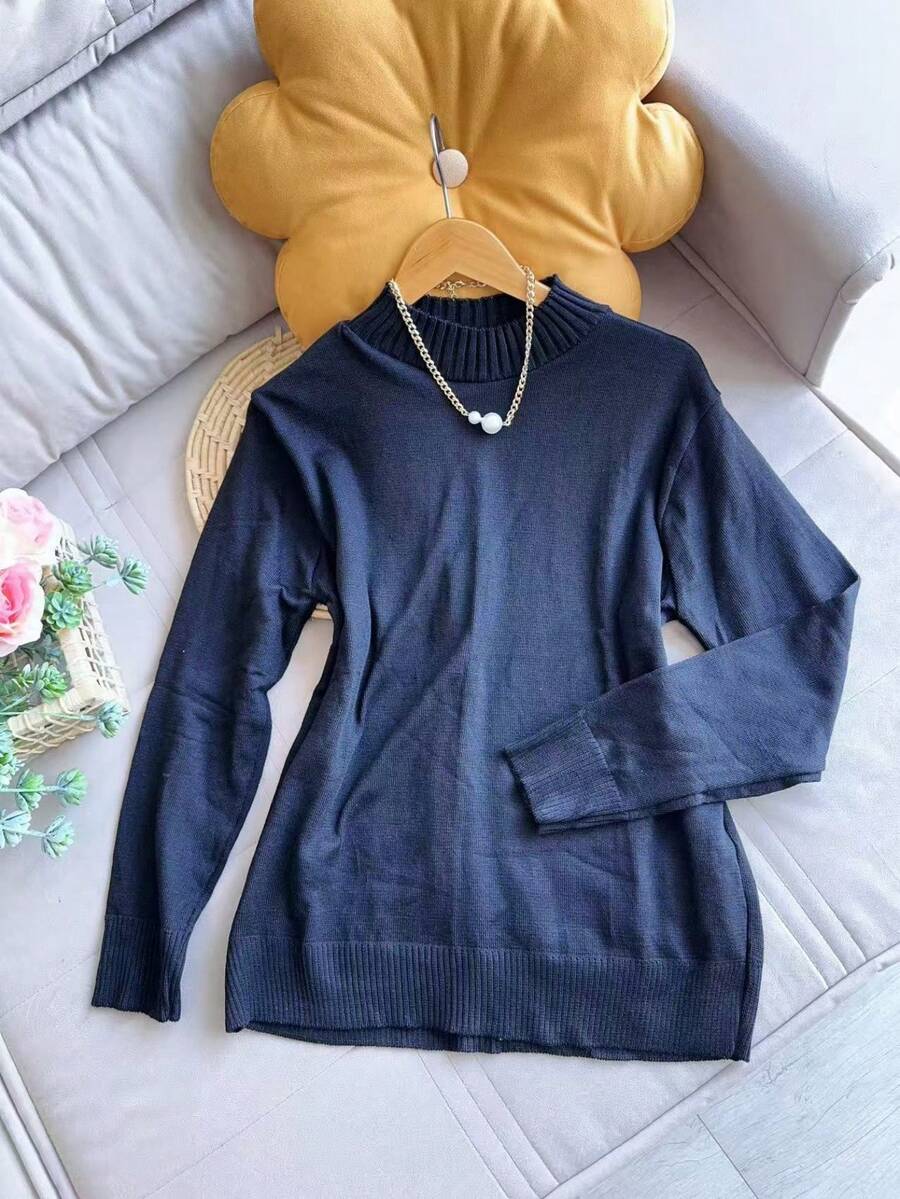 Sweater Blouse Round Neck Plus Size Basic Women Fashion - Black - View 1