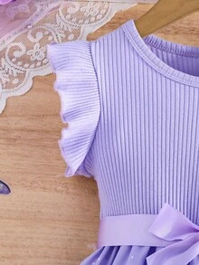 Girls' Elegant Cap Sleeve Ribbed Butterfly Pattern Dress, Summer - Violet Purple - View 5