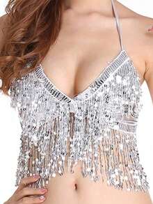 Sequin Sexy Tassel Belly Dance Bra Top Belly Dance Performance Costume Bar Party Costume Summer Beach Bra - Multicolor - View 19