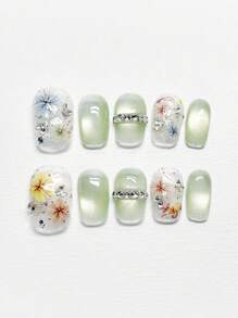 10pcs Cute Flower Green Cat's Eye Rhinestone Decor Delicate Handmade Nail Art, Suitable For Spring/Summer