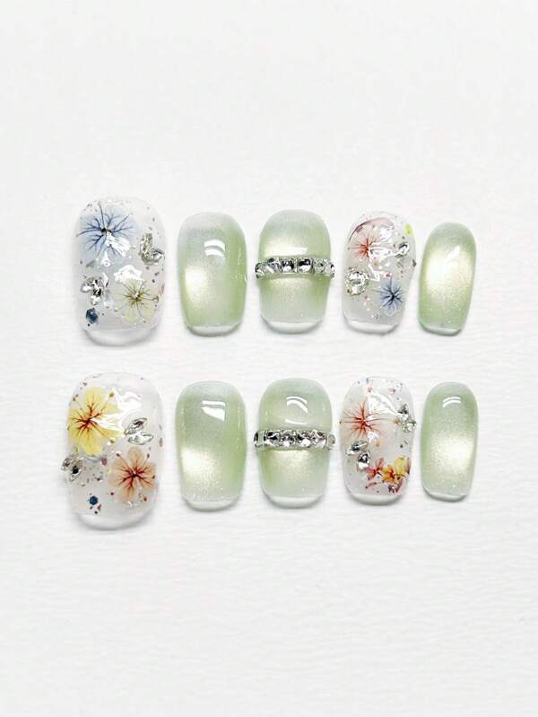10pcs Cute Flower Green Cat's Eye Rhinestone Decor Delicate Handmade Nail Art, Suitable For Spring/Summer
