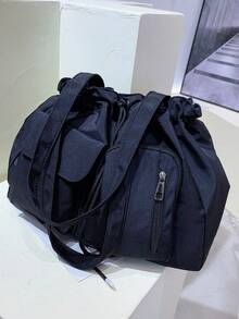 Bolso de lona grande con cordón y diseño de unicolor, de gran capacidad, ligero, de estilo casual y de negocios, para mujeres. Bolso de lona con cierre de cremallera simple y casual, adecuado para uso diario, universidad, y viajes para adolescentes, mujeres estudiantes universitarias, principiantes y trabajadores de cuello blanco. Perfecto para oficina, universidad, trabajo, viajes, exteriores. - Negro - Ver 7