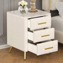 Velvet Nightstand With 3 Drawers, Upholstered Nightstand With Faux Marble Top, Bedside Table Furniture, End Table With Metal Legs For Bedroom, Living Room, Beige/Pink/Grey - 米色 - 查看 1
