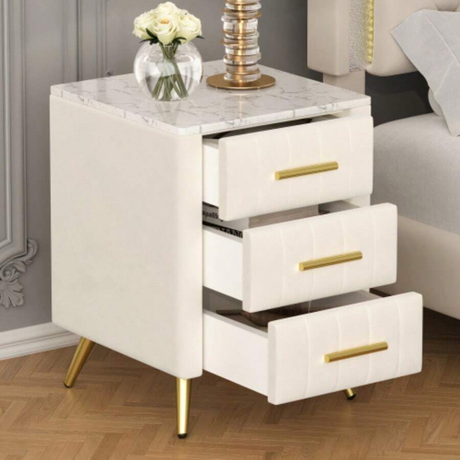 Velvet Nightstand With 3 Drawers, Upholstered Nightstand With Faux Marble Top, Bedside Table Furniture, End Table With Metal Legs For Bedroom, Living Room, Beige/Pink/Grey - 米色 - 查看 1