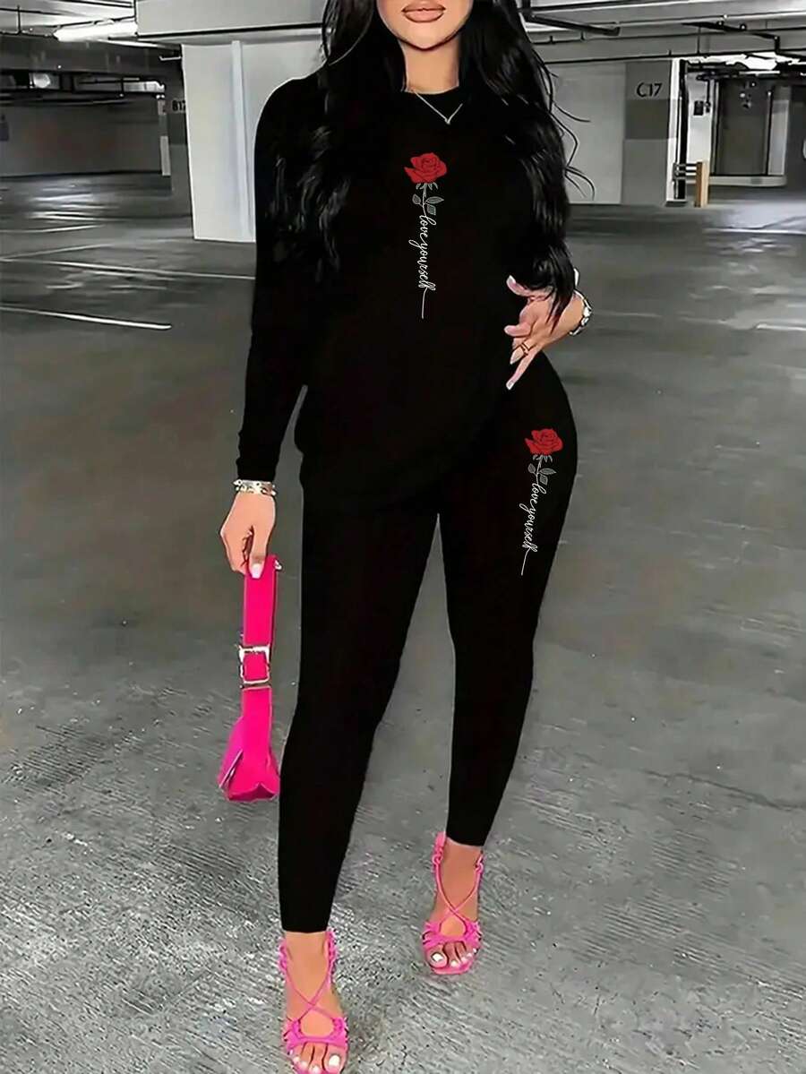 2pcs Set: Rose Print Long Sleeve T-Shirt And Leggings, Special Women's Outfit Casual Black Spring - Black - View 1