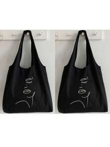 Ladies' Canvas Bag Shopping Bag Tote Bag And Makeup Bag,Simple Line Illustration Pattern Reusable Grocery Handbag Storage Bag,Printing Pattern Shoulder Bag Large Capacity Student Handbag,Simple Large-Capacity Handbag