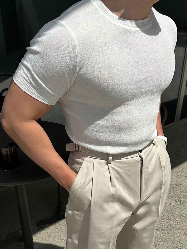 بلوزة قصيرة الأكمام كاجوال للرجال بلون واحد، شتوي/صيفي