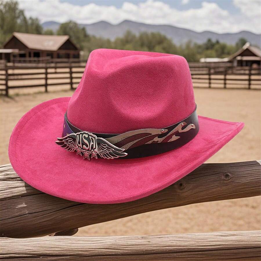 Women Men Cowgirl Hat Letter Wings Sign Wide Brim Western Hats For Wedding Rave Party Travel Accessories - Hot Pink - View 1