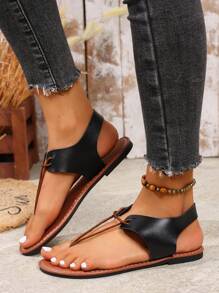 Sandalias planas para mujer, estilo casual europeo y americano con punta redonda y tira en forma de chancla para uso en exteriores