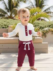 Baby Boy's Autumn 2-Piece Set - Ribbed Button Romper  Bow Detail Pants With Pockets - Red - View 5