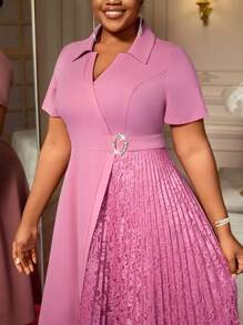 Pink Turn Down Collar A Line Dresses Lace Patchwork Short Sleeves Work Business Party Fashion Curve Women