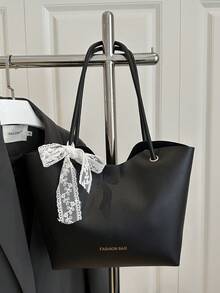Lace Bow Decor Large Capacity Shoulder Tote Bag, New Simple Versatile Commuter Bag For College Students - Black - View 13