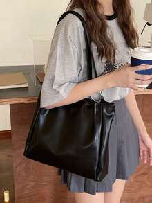 Soft Leather Tote Bag, Shoulder Bag For School - Black - View 2