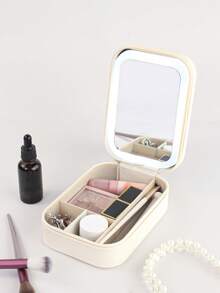 1 件可充电旅行化妆包，带 3 色 LED 照明镜，旅行化妆包 - 可调节亮度 - 防水皮革 - 可调节隔层 - 刷子收纳盒紧凑型触摸屏桌面化妆镜，珠宝口红收纳旅行化妆包沙滩包、洗漱包返校