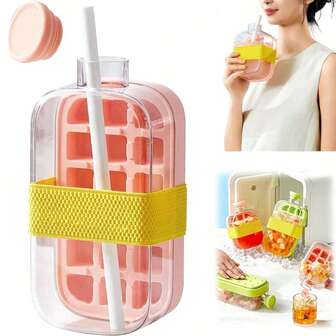 1 个冰块瓶，2 合 1 免触式冰块托盘水瓶，快速一键放冰，便携式硅胶制冰机，适用于饮料、健身房、徒步旅行