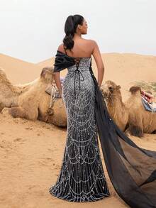 Faeriesty Elegant Open Shoulder Evening Gown With Back-Tie Detail, High Slit & Side Train – Sophisticated Formal Dress For Red Carpet Galas, Black-Tie Dinners, Luxury Weddings, Award Ceremonies, Fashion Shows Party - Black and White - View 2