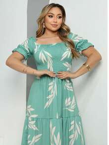 Women's Dress All-Over Print Leaf Boho Fabric Ruffle Hem Ruffled Ruched Long Beach Evening Birthday Party Baby Shower Garden Photoshoot - Hijau - View 3