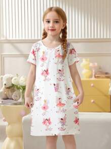 Camisón ignífugo con estampado lindo para niñas, cuello redondo, manga corta, ropa de casa informal, nueva llegada de primavera y verano