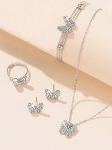 5 件套人造钻石蝴蝶时尚、百搭、休闲首饰套装，适合女孩