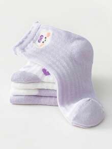 5 Pairs Purple Cute Rabbit, Bow, Heart, Flower Pattern Mid-Calf Socks, Sweet Lace Princess Socks, Suitable For Casual Shoes - Multicolor - View 3