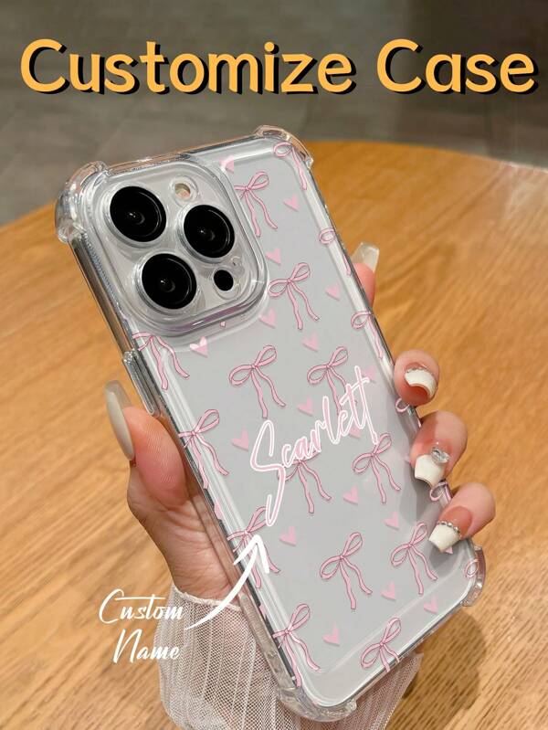 Pink Bow + Name Customized Four Corners Anti-Drop Mobile Phone Case, Customized Name Mobile Phone Case, Personalized Anti-Drop Design Mobile Phone Case, Compatible With Apple 11/12/13/14/15promax, Galaxy A06/A16/A26/A36/A56/S23/24/S25ultra Series