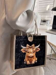 Bolsa tote estampada com tema de vaca das Terras Altas, leve uma bolsa de maquiagem com a mesma cor, portátil, reutilizável, leve, bolsa de mão, bolsa de ombro de linho, bolsa de armazenamento, porta-moedas, bolsa de mão, bolsa de viagem essencial, bolsa de grande capacidade, sacola de compras estampada, adequada para escola, universidade, trabalho, negócios, deslocamento diário, atividades ao ar livre, viagens, feriados, presentes para professores, família, amigos, presente de Dia das Mães, compra obrigatória em 6 de junho
