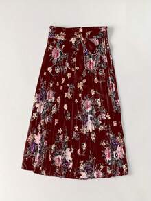 Falda plisada elegante de mujer con cintura elástica y estampado floral de satén - Burdeos - Ver 3